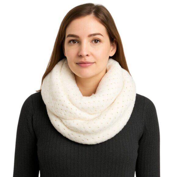 NEW LuLu Cowl Neck Scarf Faux Fur Soft Warm Cozy Ivory with gold flecks 15 in - Picture 1 of 9